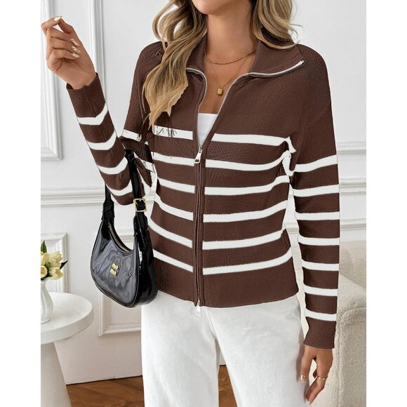 Bsubseach Womens Striped Brown Cropped Cardigan Lightweight Fall Zip Up Sweater - Picture 3 of 6